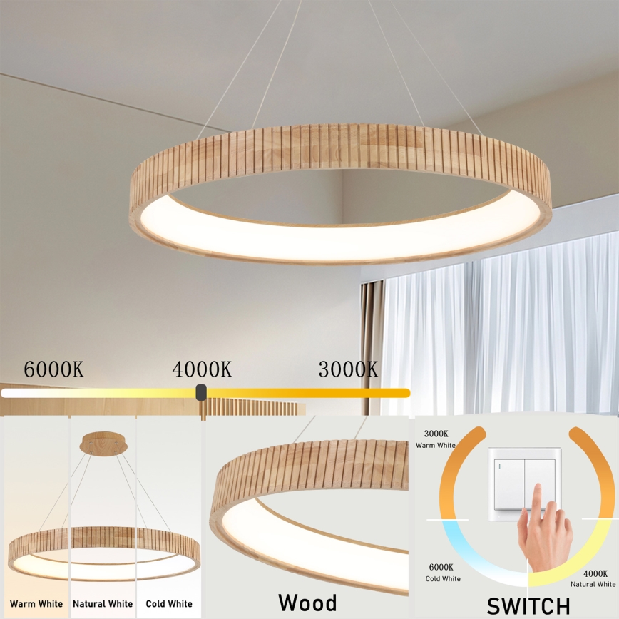 Brilagi - FALCON WOOD MODERN LED Cable Pendant, 60W, 230V, Selectable 3000/4000/6000K, Ø80 cm, Wood