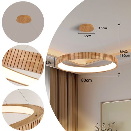 Brilagi - FALCON WOOD MODERN LED Cable Pendant, 60W, 230V, Selectable 3000/4000/6000K, Ø80 cm, Wood