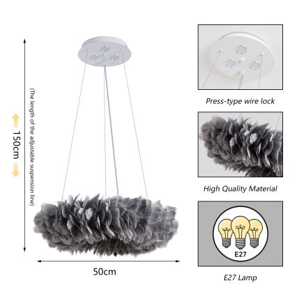 BRILAGI - FEATHER LED Cable-Suspended Pendant 3x E27/40W/230V + 3x LED/3W Ø 50 cm Gray