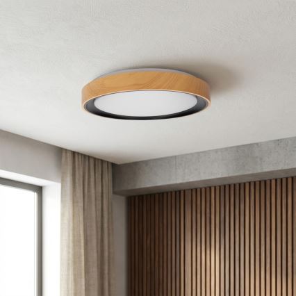 Brilagi - FLOCO Dimmable LED Ceiling Light, 48W, 230V, 3000–6500K, Ø 40 cm, wood finish/black + remote control