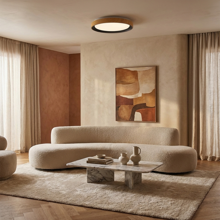 Brilagi - FLOCO Dimmable LED Ceiling Light, 48W, 230V, 3000–6500K, Ø 40 cm, wood finish/black + remote control