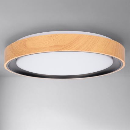 Brilagi - FLOCO Dimmable LED Ceiling Light, 48W, 230V, 3000–6500K, Ø 40 cm, wood finish/black + remote control