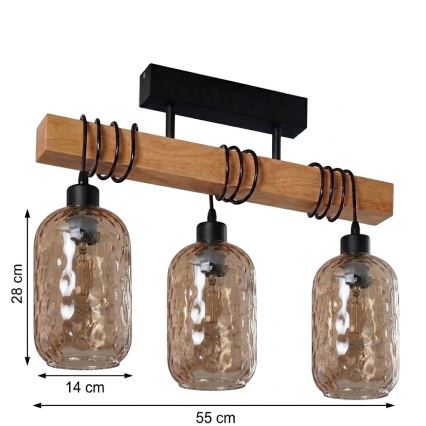 BRILAGI - Flush-mount chandelier WOOD GLASS 3xE27/60W/230V pine/black/smoky brown