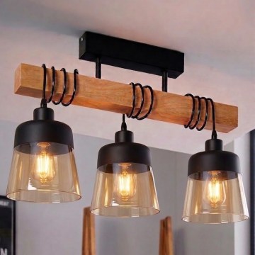 BRILAGI - Flush-mount chandelier WOOD GLASS 3xE27/60W/230V Pine/Black/Smoked Brown