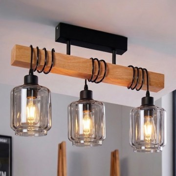 BRILAGI - Flush-mount chandelier WOOD GLASS 3xE27/60W/230V pine/black/smoky beige