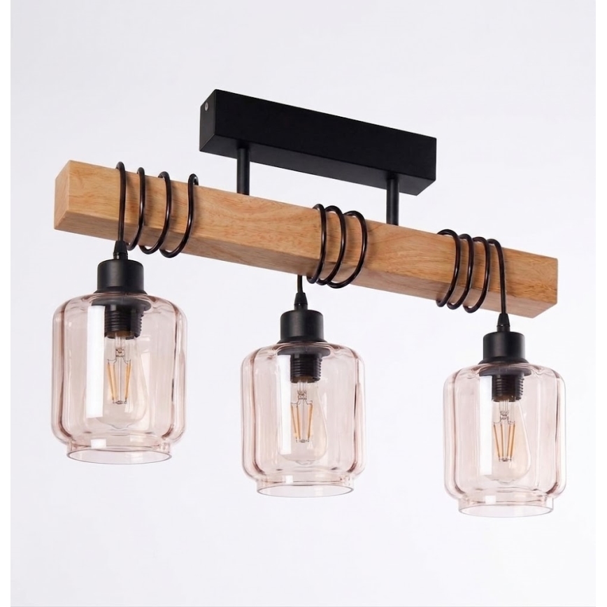 BRILAGI - Flush-mount chandelier WOOD GLASS 3xE27/60W/230V pine/black/smoky beige
