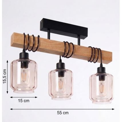 BRILAGI - Flush-mount chandelier WOOD GLASS 3xE27/60W/230V pine/black/smoky beige
