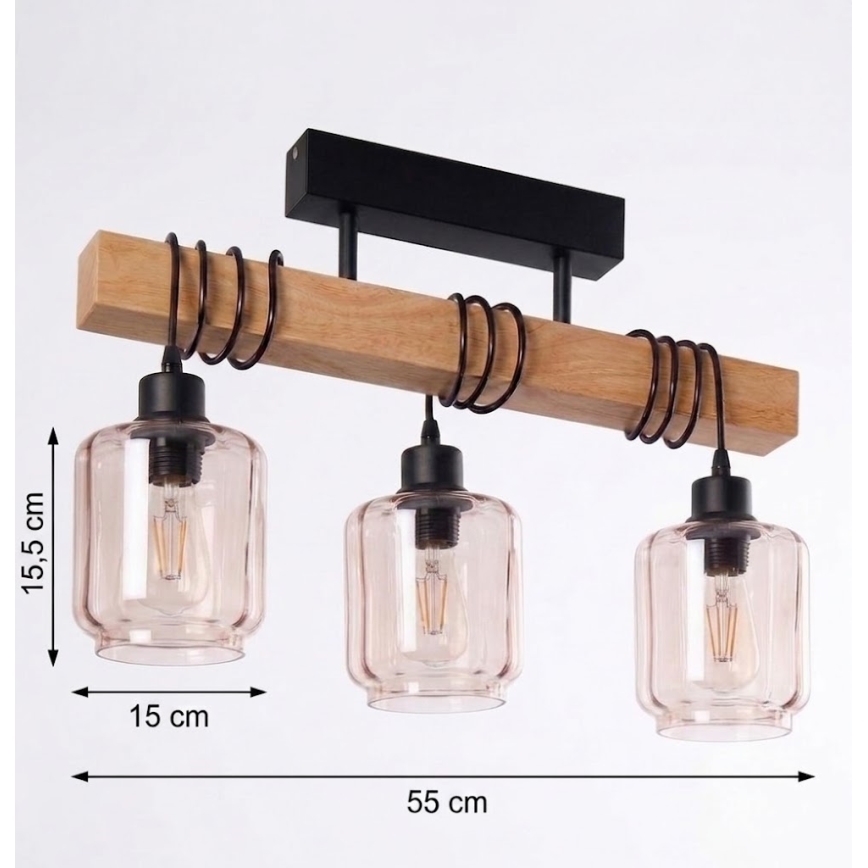 BRILAGI - Flush-mount chandelier WOOD GLASS 3xE27/60W/230V pine/black/smoky beige