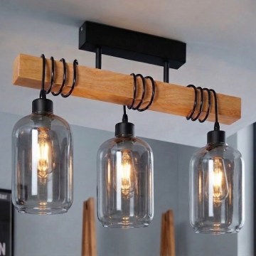 BRILAGI - Flush-mounted chandelier WOOD GLASS 3xE27/60W/230V Pine/Black/Smoked Gray