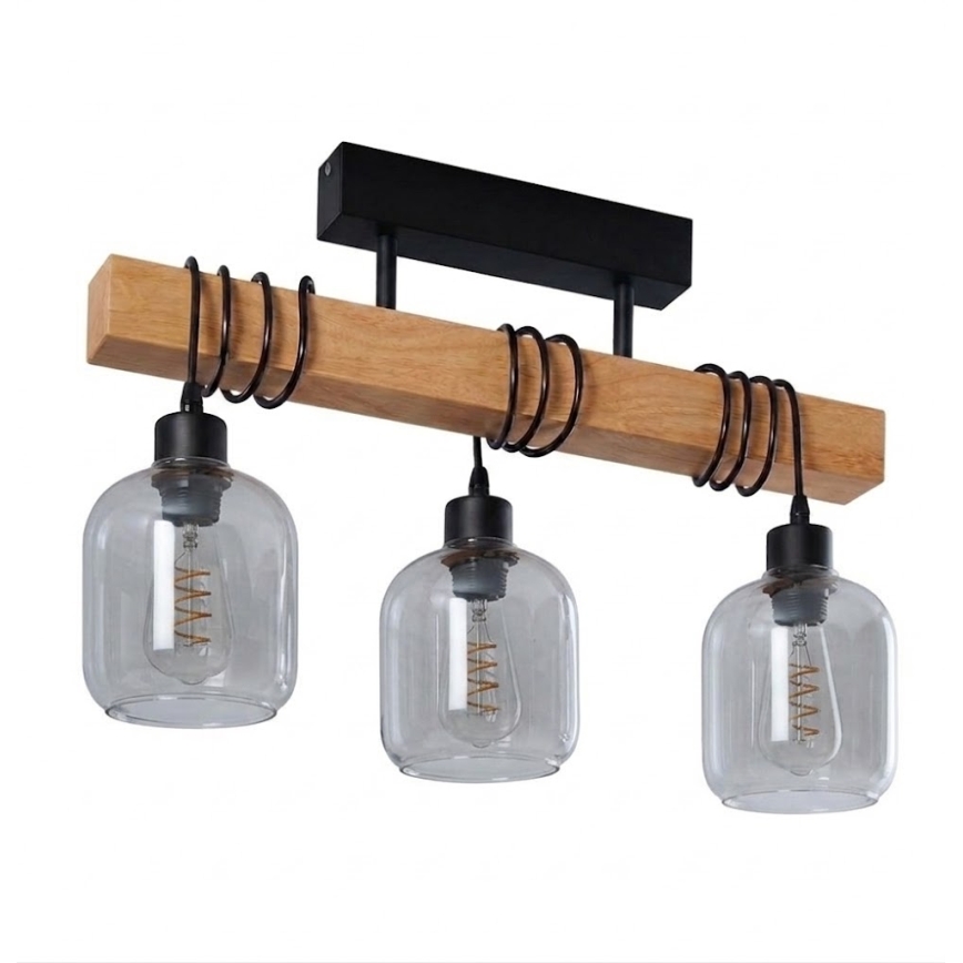 BRILAGI - Flush-mounted chandelier WOOD GLASS 3xE27/60W/230V pine/black/smoky grey