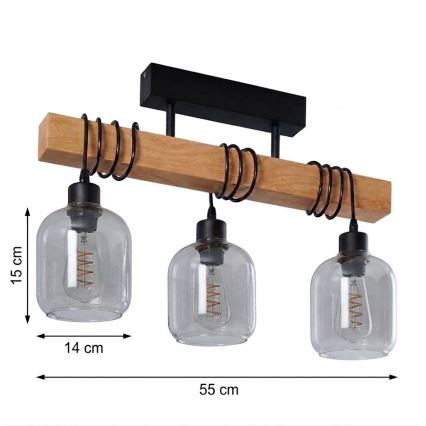 BRILAGI - Flush-mounted chandelier WOOD GLASS 3xE27/60W/230V pine/black/smoky grey