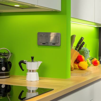 BRILAGI - INBOX IP55 Rectangular Built-in Kitchen Double Socket, Matte Chrome
