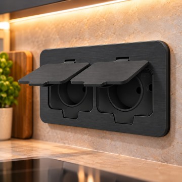 BRILAGI - Kitchen recessed double socket INBOX IP55, black, rectangular