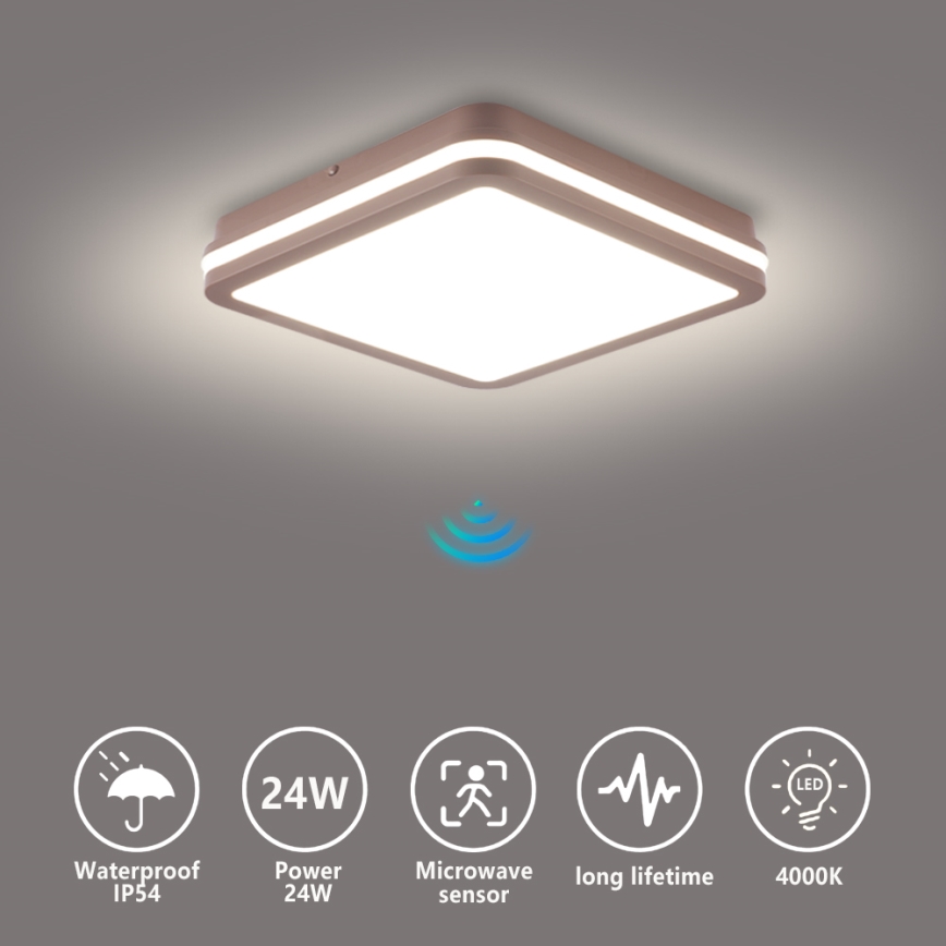 Brilagi - BENE LED Outdoor Ceiling Light with Sensor, 24W/230V, 26x26 cm, Brown, IP54