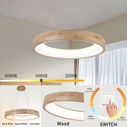 Brilagi - Cable-hung LED Pendant FALCON WOOD LED/40W/230V 3000/4000/6000K Ø 60 cm wood