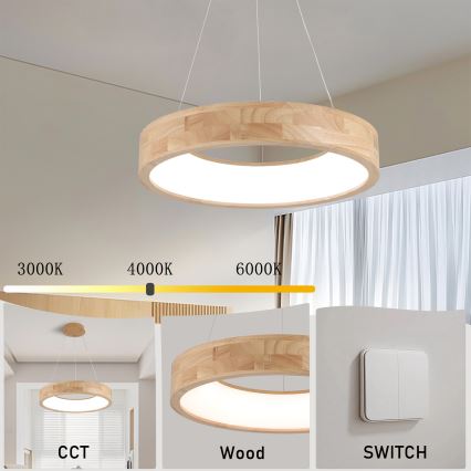 Brilagi - FALCON WOOD cable-suspended LED pendant LED/30W/230V 3000/4000/6000K diam. 45 cm, wood