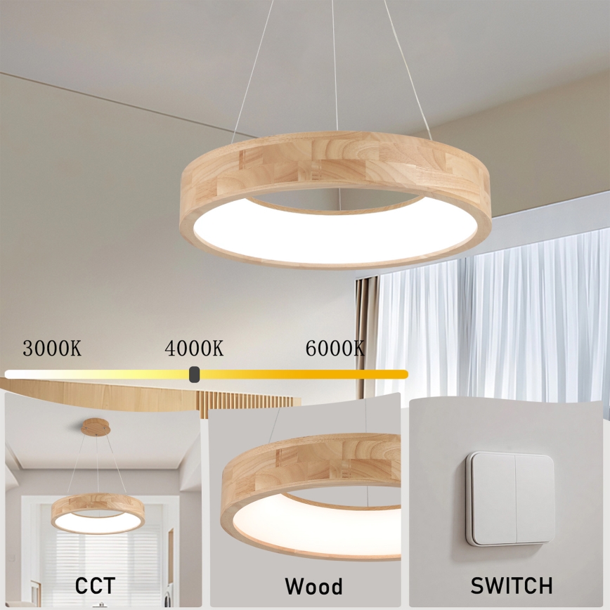 Brilagi - FALCON WOOD cable-suspended LED pendant LED/30W/230V 3000/4000/6000K diam. 45 cm, wood