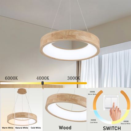 Brilagi - FALCON WOOD cable-suspended LED pendant LED/30W/230V 3000/4000/6000K diam. 45 cm, wood