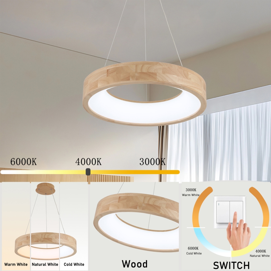 Brilagi - FALCON WOOD cable-suspended LED pendant LED/30W/230V 3000/4000/6000K diam. 45 cm, wood