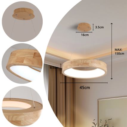 Brilagi - FALCON WOOD cable-suspended LED pendant LED/30W/230V 3000/4000/6000K diam. 45 cm, wood