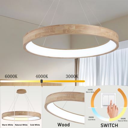Brilagi - FALCON WOOD cable-suspended LED chandelier LED/60W/230V 3000/4000/6000K Ø 80 cm wood
