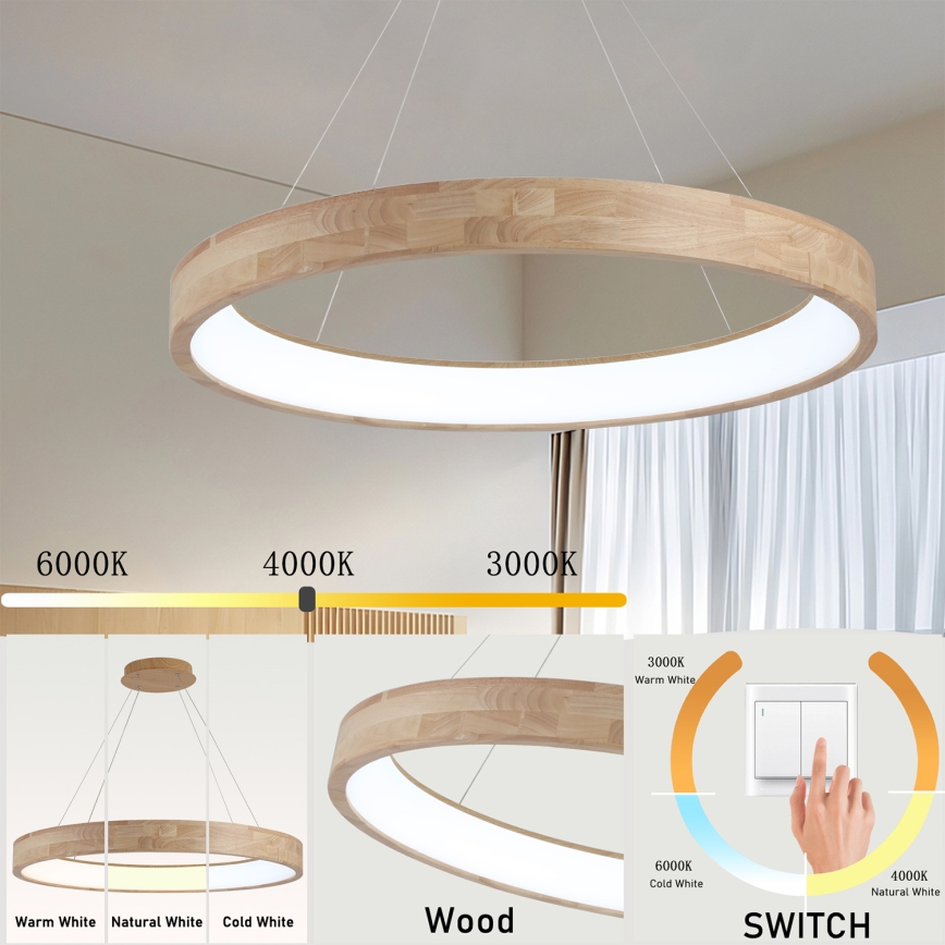 Brilagi - FALCON WOOD cable-suspended LED chandelier LED/60W/230V 3000/4000/6000K Ø 80 cm wood