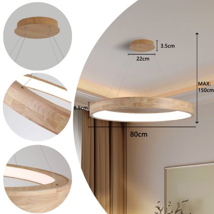 Brilagi - FALCON WOOD cable-suspended LED chandelier LED/60W/230V 3000/4000/6000K Ø 80 cm wood