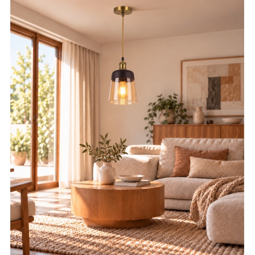 BRILAGI - Cable-suspended LED pendant RETRO GLASS 1xE27/60W/230V Ø 15.5 cm gold/smoky beige