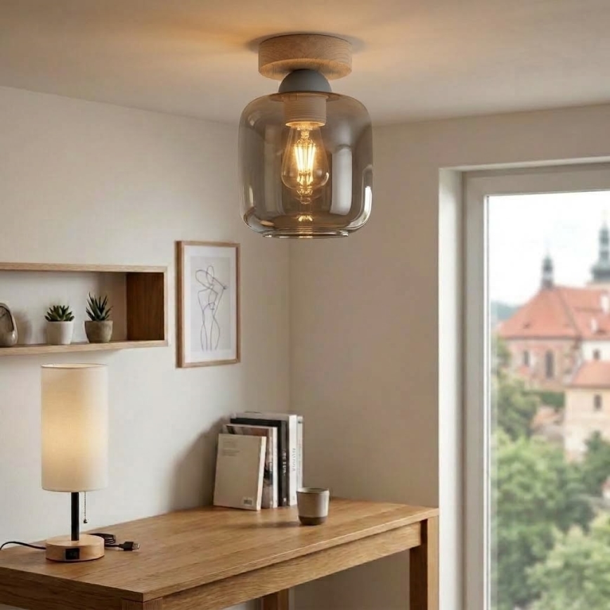BRILAGI - LED ceiling light RETRO GLASS 1xE27/60W/230V Ø 14 cm oak/smoky gray
