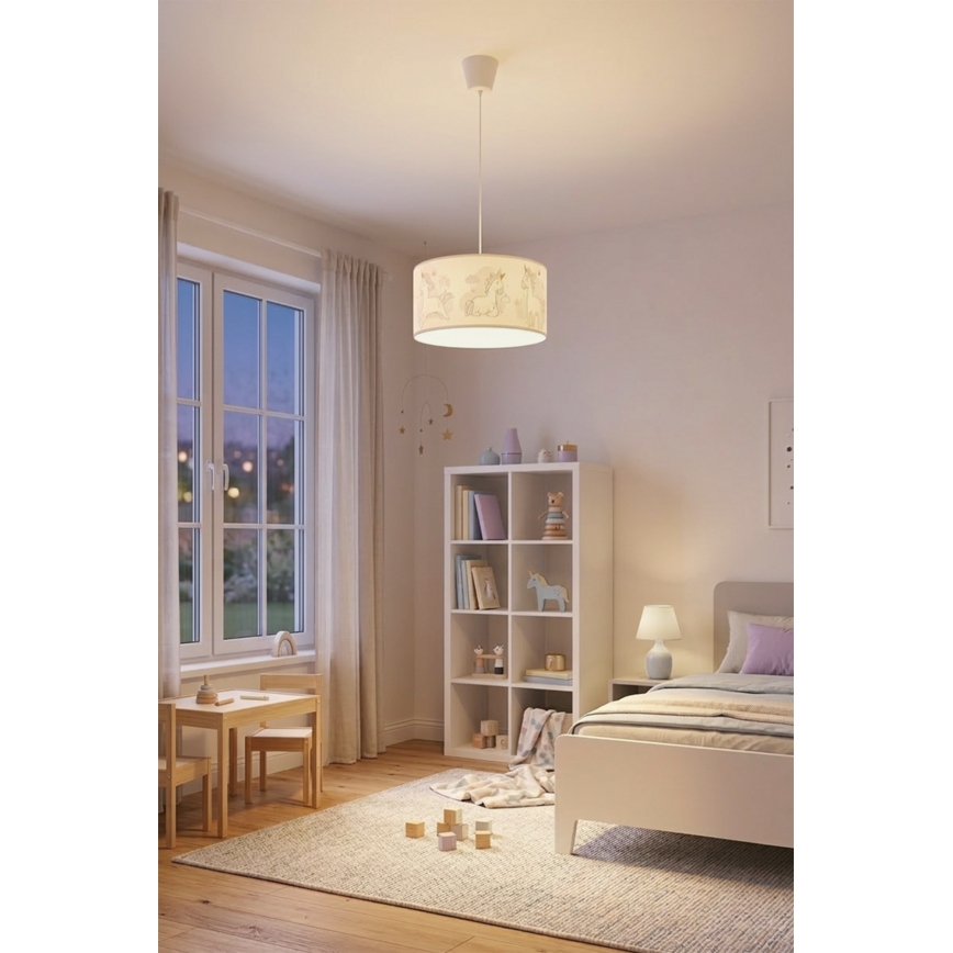 Brilagi - BOBO LED children's pendant light suspended on cable 1xE27/10W/230V, Ø 35 cm, white/unicorns