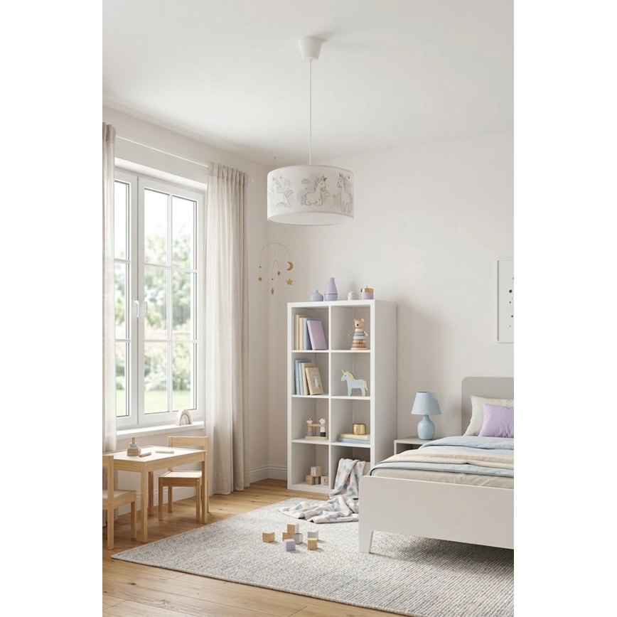 Brilagi - BOBO LED children's pendant light suspended on cable 1xE27/10W/230V, Ø 35 cm, white/unicorns