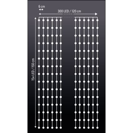Brilagi - LED Christmas curtain 300xLED/8 functions/3xAA/USB 1,2m cool white