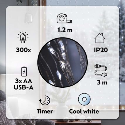 BRILAGI - LED Christmas curtain 300xLED/8 functions/3xAA/USB 1,2m cool white