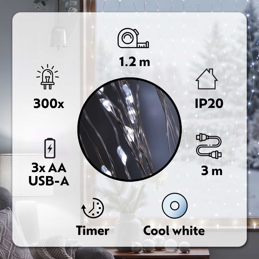 BRILAGI - LED Christmas curtain 300xLED/8 functions/3xAA/USB 1,2m cool white