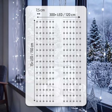 BRILAGI - LED Christmas curtain 300xLED/8 functions/3xAA/USB 1,2m cool white