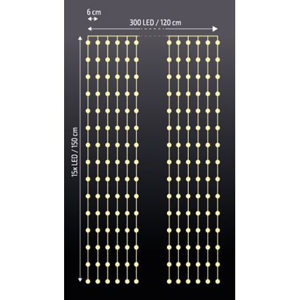 Brilagi - LED Christmas curtain 300xLED/8 functions/3xAA/USB 1,2m warm white