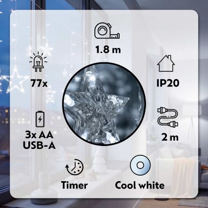 BRILAGI - LED Christmas curtain 77xLED/3xAA/USB 1,8m cool white