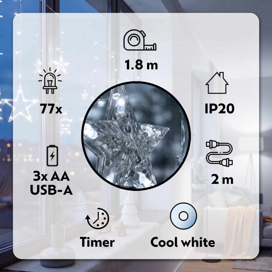 BRILAGI - LED Christmas curtain 77xLED/3xAA/USB 1,8m cool white