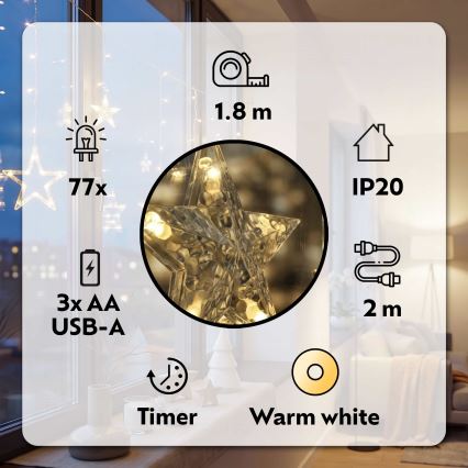 BRILAGI - LED Christmas curtain 77xLED/3xAA/USB 1,8m warm white