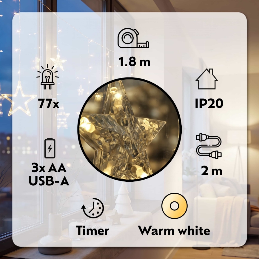 BRILAGI - LED Christmas curtain 77xLED/3xAA/USB 1,8m warm white