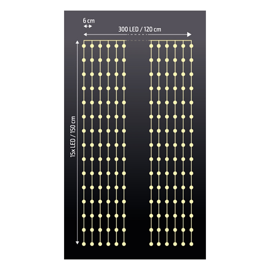 Brilagi - LED Christmas curtain lights 300xLED/8 functions/3xAA/USB 1,2m warm white