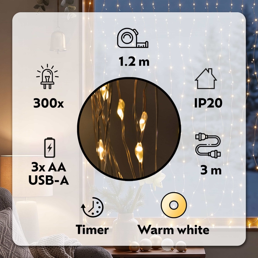 BRILAGI - LED Christmas curtain lights 300xLED/8 functions/3xAA/USB 1,2m warm white