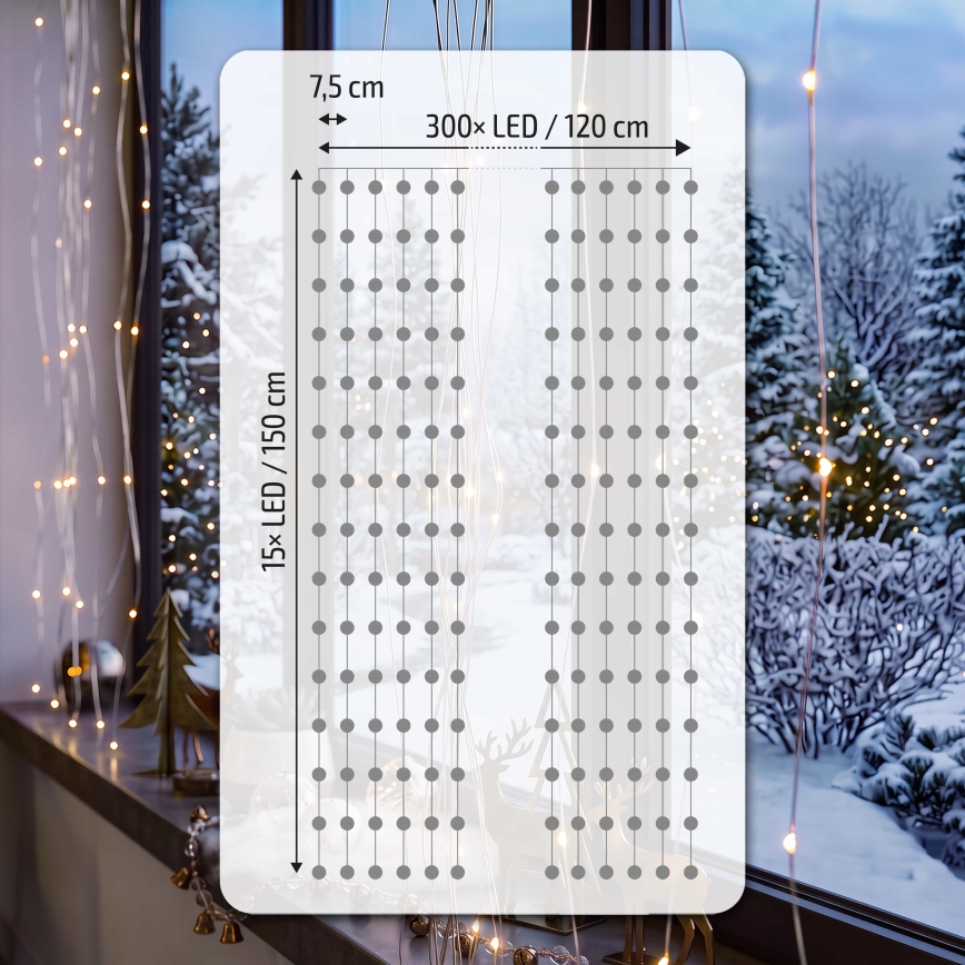 BRILAGI - LED Christmas curtain lights 300xLED/8 functions/3xAA/USB 1,2m warm white