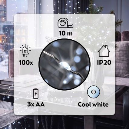 Brilagi - LED Christmas lights 100xLED/3xAA 10m cool white