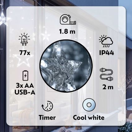 BRILAGI - LED Christmas outdoor curtain 77xLED/3xAA/USB 1,8m IP44 cool white