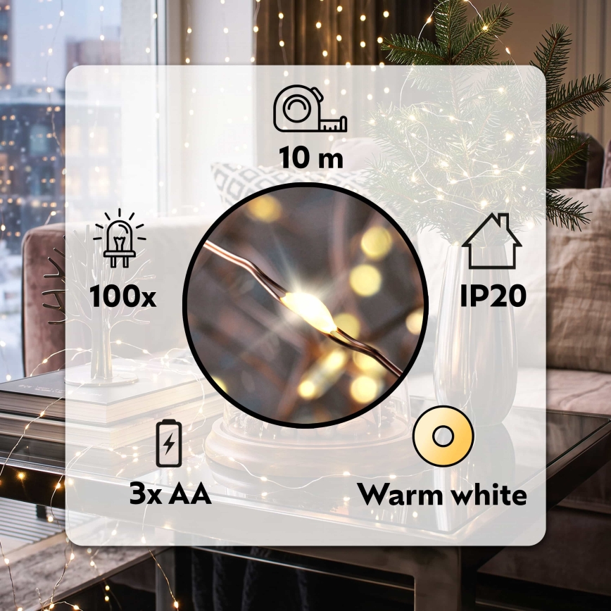 Brilagi - LED Christmas string lights 100xLED/3xAA 10m warm white