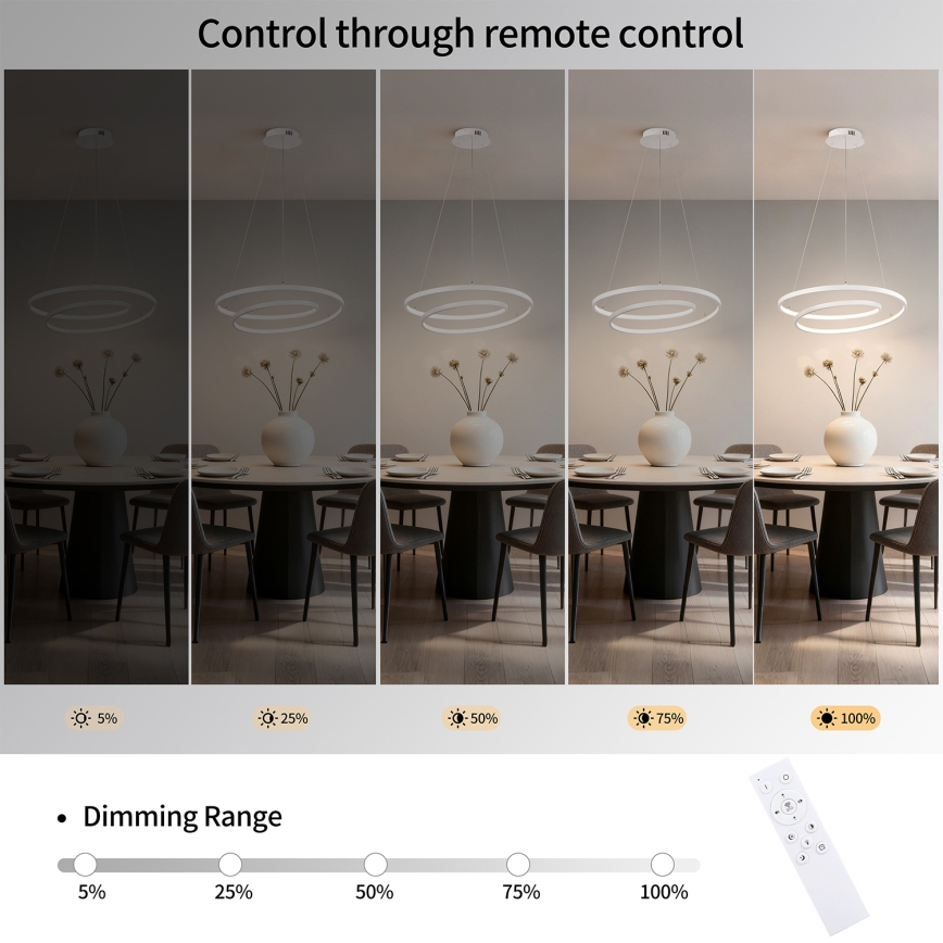 Brilagi - TWISTER LED Dimmable Cable Pendant Light LED/48W/230V 3000-6000K Ø 50 cm White + Remote Control