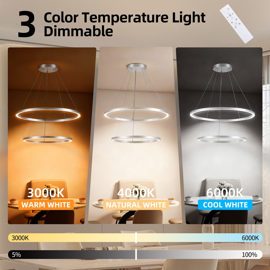 Brilagi - PORTOFINO LED Dimmable Cable Pendant Lamp LED/98W/230V 3000-6000K Ø 80 cm Silver + Remote Control