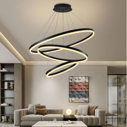 Brilagi - CIRCLE Dimmable Cable-Suspended LED Pendant, 125W/230V, 3000-6500K, Ø 80 cm, Black + Remote Control