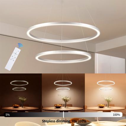 Brilagi - PORTOFINO Dimmable LED cable-suspended chandelier LED/98W/230V 3000–6000K Ø80 cm Silver + Remote Control